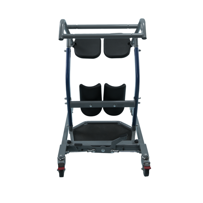 The Bestcare STA450 Standing Transfer Aid is a mobility aid with cushioned arm supports, footrests, and a sturdy wheeled frame. Designed for patient safety, it assists with walking or standing, making it a reliable support choice.