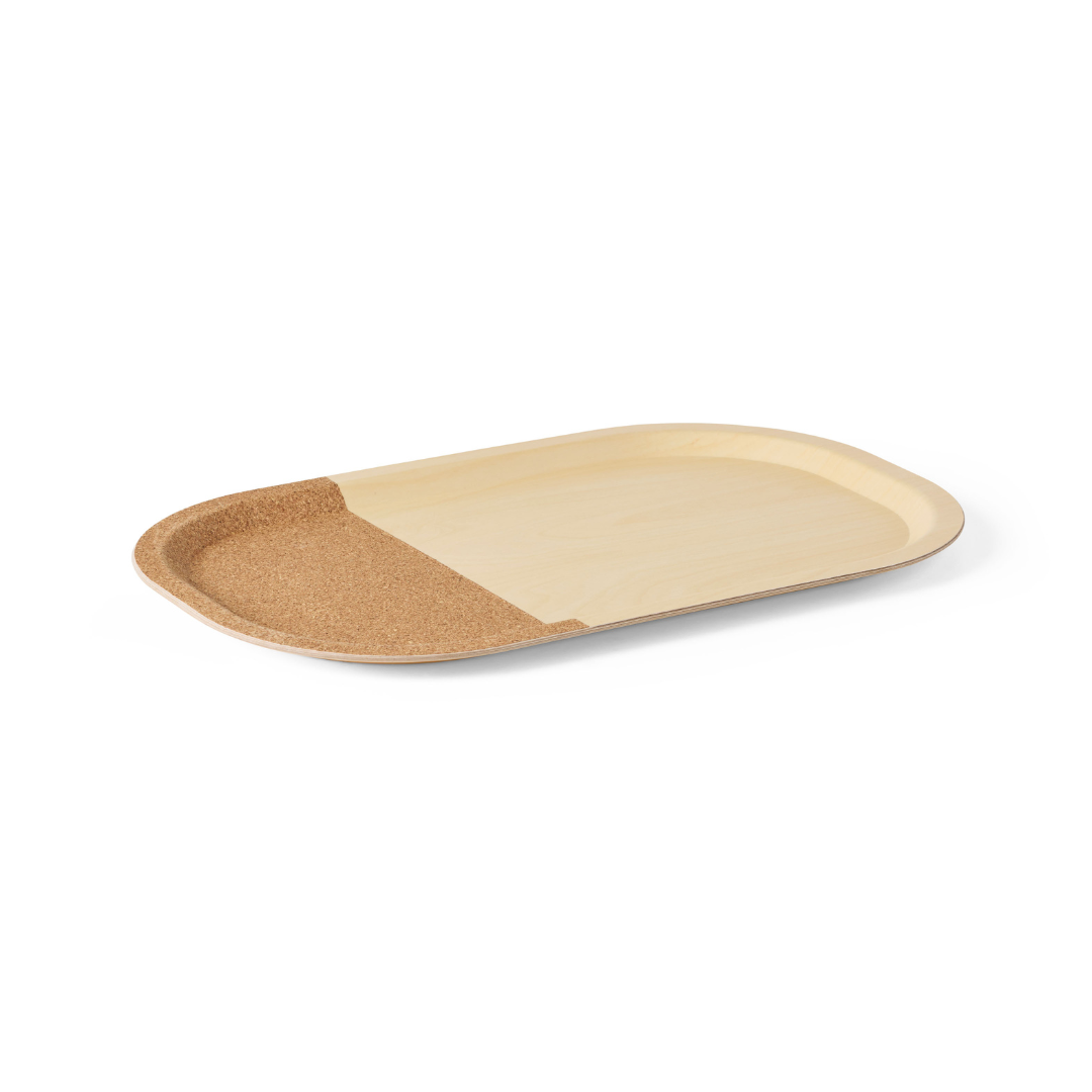A rectangular wooden tray with rounded edges and a section of textured cork, this accessory is shown on a white background—perfect for your byACRE Scandinavian Butler At-Home Rollator.