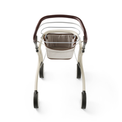 Overhead view of a modern, beige and brown byACRE Scandinavian Butler At-Home Rollator with a fabric basket and four black wheels, set against a white background.