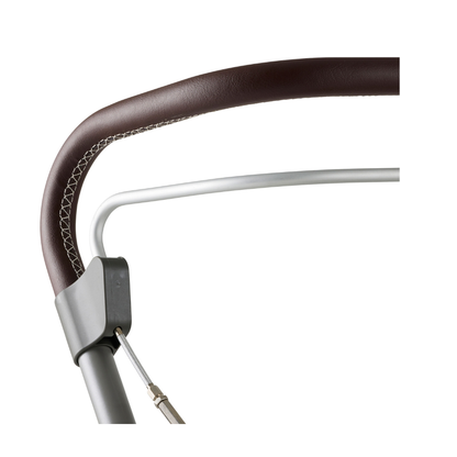 Close-up of the byACRE Scandinavian Butler At-Home Rollator handle, featuring a brown leatherette cover with white stitching and a sleek silver metal frame against a white background.