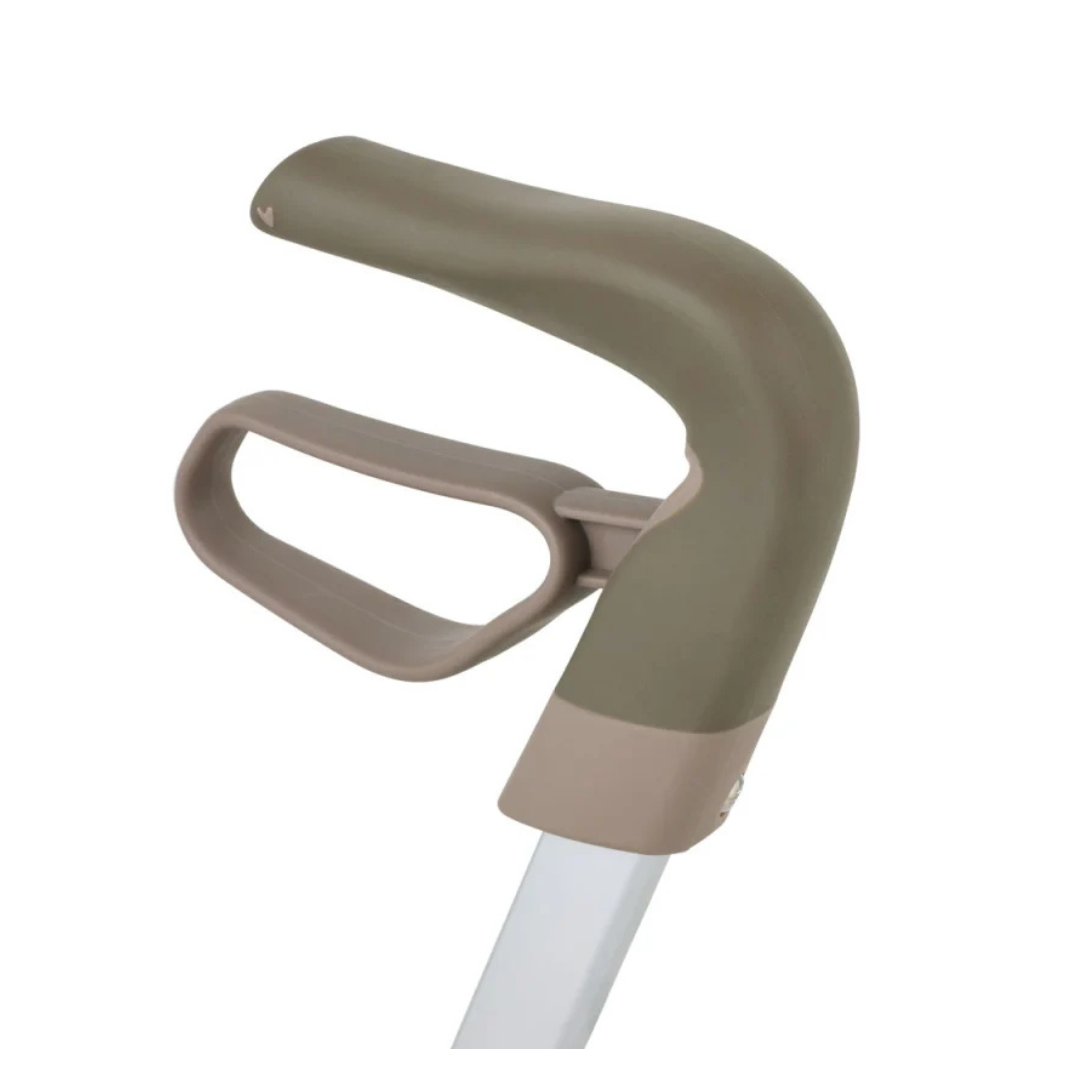 A close-up of an ergonomic olive green and beige cane handle with a supportive grip loop—ideal for use with the ByACRE Ultralight Carbon Fiber Rollator, weighing just 10.6 lbs.