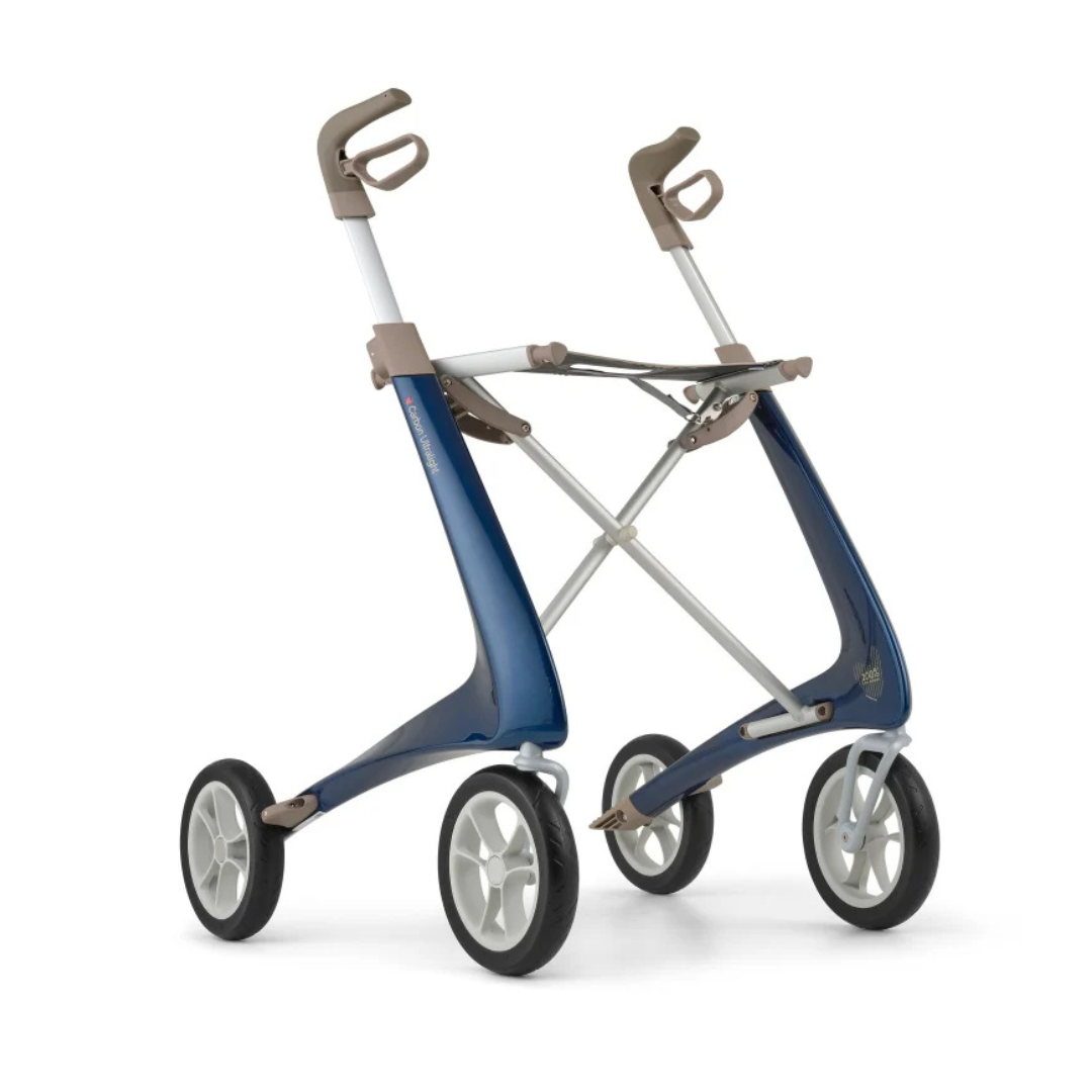 The ByACRE Ultralight Carbon Fiber Rollator (10.6 lbs) features a modern blue and white design, ergonomic handles, and a minimalist frame, offering lightweight mobility assistance.