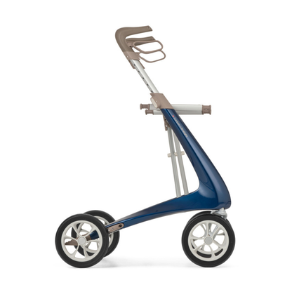 The ByACRE Ultralight Carbon Fiber Rollator (10.6 lbs) is a modern blue and beige mobility aid with three large wheels, ergonomic handles, and a sleek, minimalist frame for lightweight support.