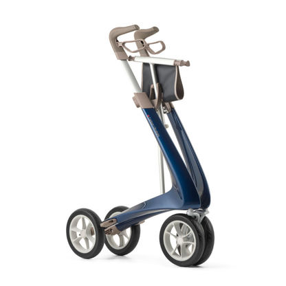 The ByACRE Ultralight Carbon Fiber Rollator (10.6 lbs) is a modern blue rollator with four wheels, ergonomic handles, sleek design, and a front storage pouch.
