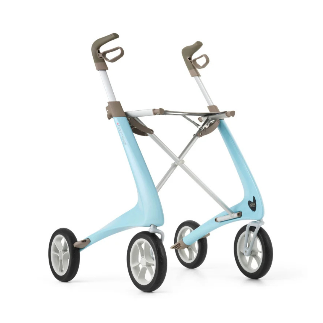 The ByACRE Ultralight Carbon Fiber Rollator (10.6 lbs) features a modern, light blue minimalist frame, four large black-and-white wheels, and ergonomic beige handles for easy mobility assistance.