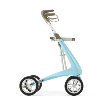 The ByACRE Ultralight Carbon Fiber Rollator (10.6 lbs) features a sleek, modern design with a light blue frame, black and white wheels, and brown handles, combining minimalist style with an ergonomic angled structure for comfort.