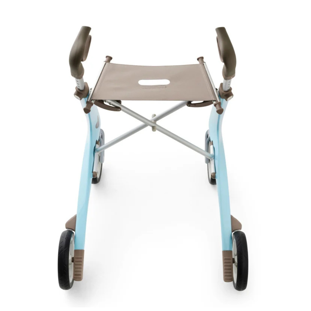 The ByACRE Ultralight Carbon Fiber Rollator (10.6 lbs) in blue and brown features four wheels, ergonomic handles, and a fabric seat to aid mobility. Shown on a white background.