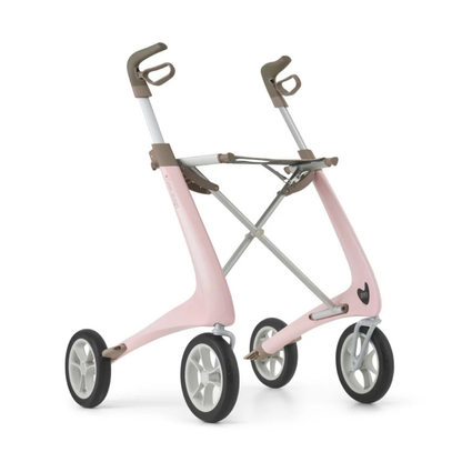 The ByACRE Ultralight Carbon Fiber Rollator (10.6 lbs) features four large wheels, a pink and beige frame, ergonomic handles, and a sleek design—combining modern style with lightweight, reliable mobility support.