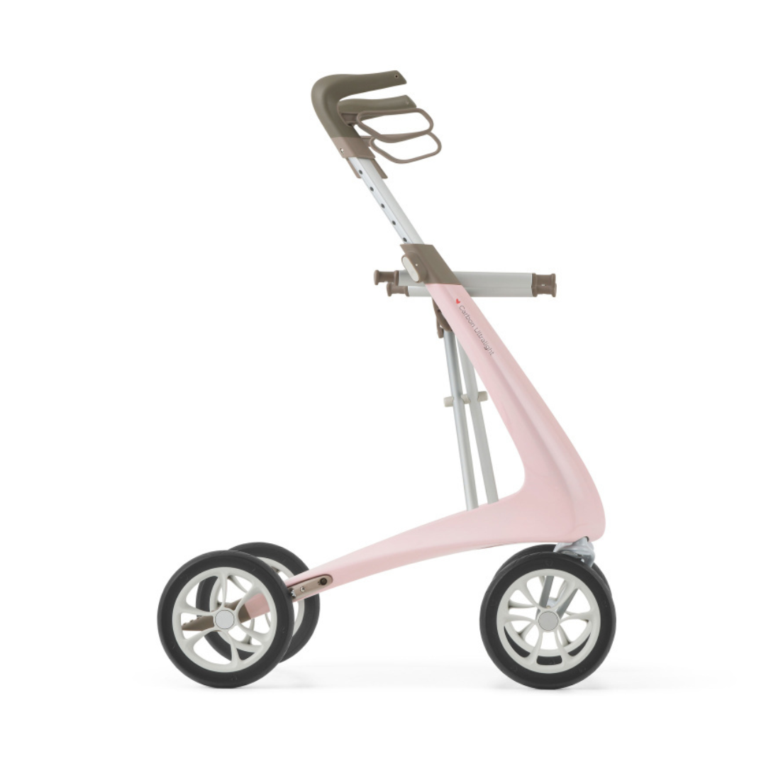 The ByACRE Ultralight Carbon Fiber Rollator (10.6 lbs) features a modern pink and brown design, four large wheels, ergonomic handles, and a lightweight frame for comfortable mobility assistance.