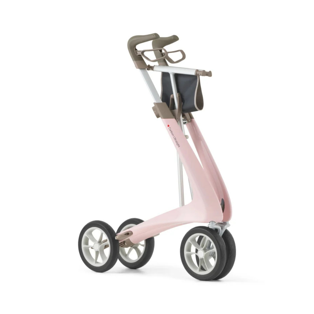 The ByACRE Ultralight Carbon Fiber Rollator (10.6 lbs) features a modern pink and gray design, large wheels, ergonomic handlebars, and a compact storage pouch below the handles.