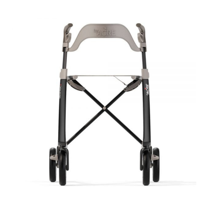 The ByACRE Ultralight Carbon Fiber Rollator (10.6 lbs) features a black frame, four black wheels, and light gray handles—a modern, lightweight mobility aid ideal for anyone wanting a sleek rollator design.