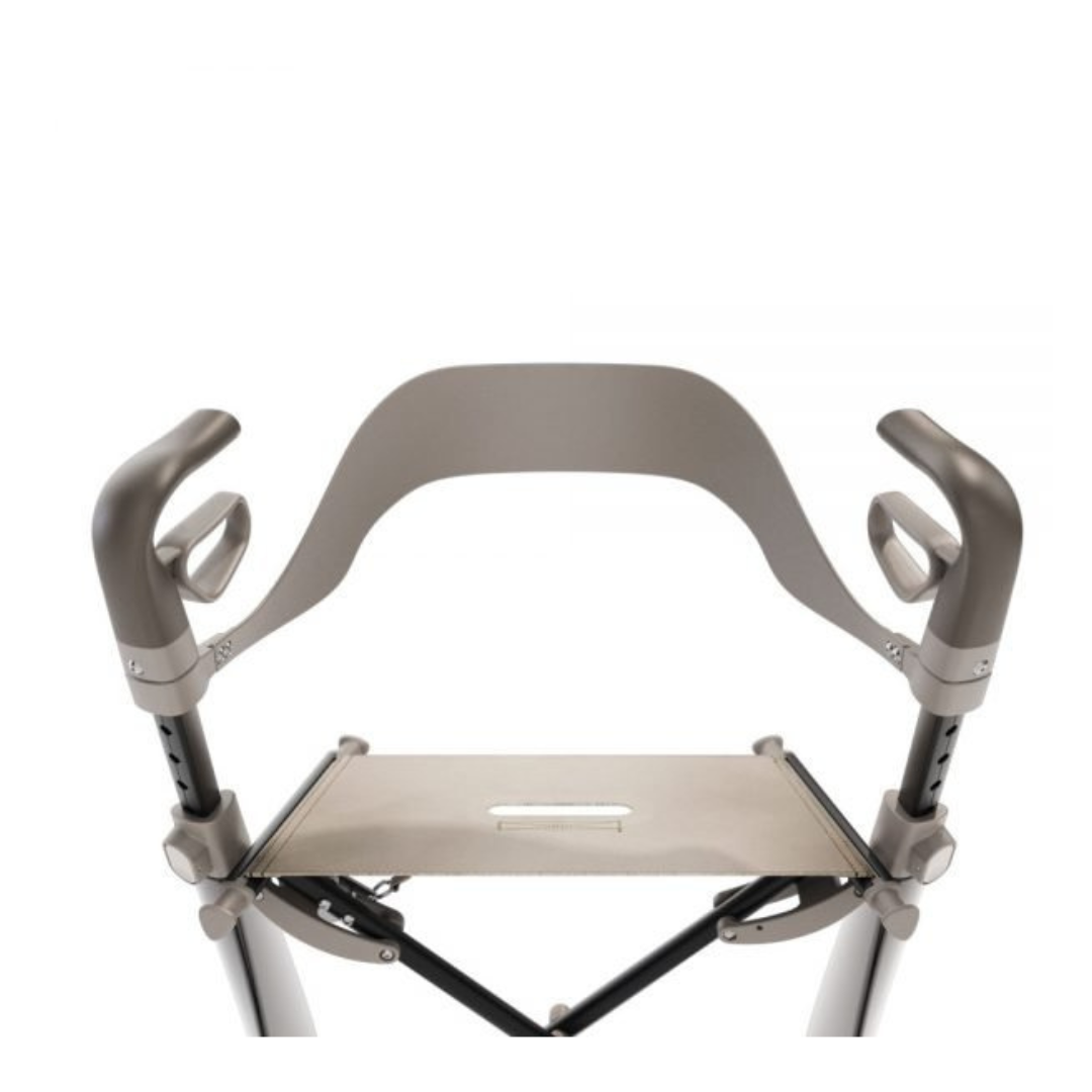 A close-up of the ByACRE Ultralight Carbon Fiber Rollator (10.6 lbs) featuring ergonomic handles and a built-in seat, designed for comfortable and lightweight mobility support.