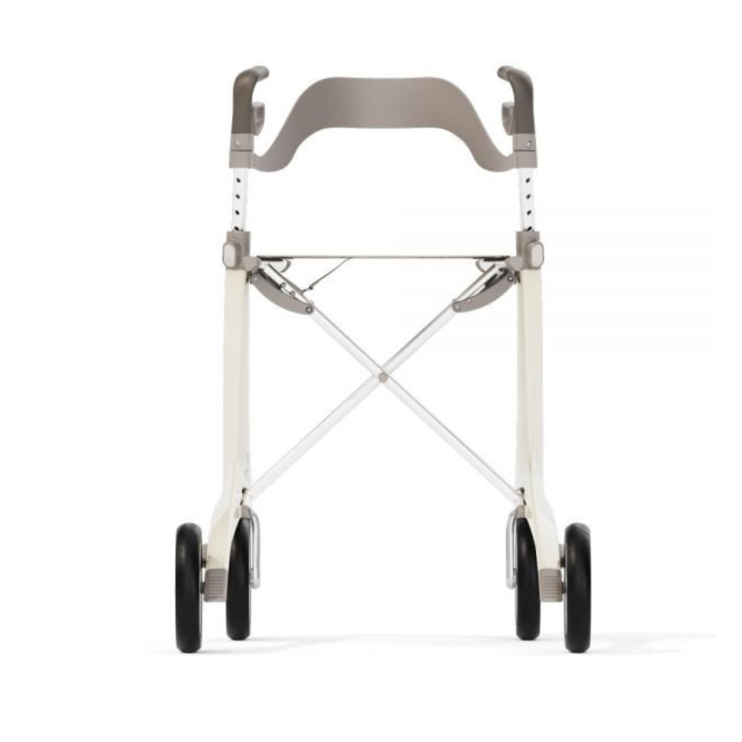 A front view of the ByACRE Ultralight Carbon Fiber Rollator (10.6 lbs) with four black wheels, a beige and white frame, and ergonomic handles showcases its modern, lightweight design.