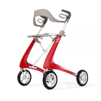 The ByACRE Ultralight Carbon Fiber Rollator (10.6 lbs) is a modern red and gray mobility aid featuring a seat and arm supports for lightweight, comfortable support.