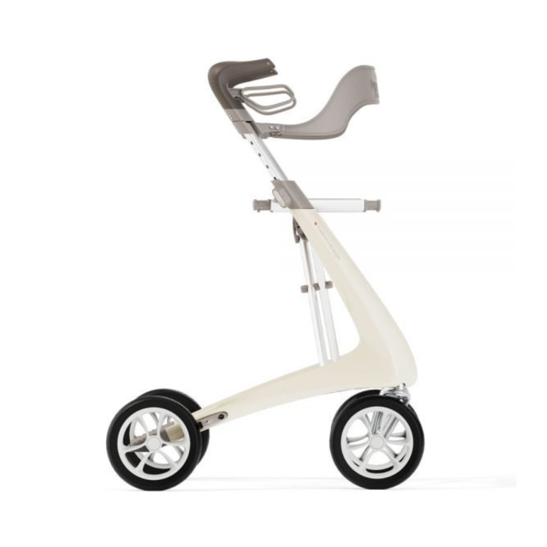 The ByACRE Ultralight Carbon Fiber Rollator (10.6 lbs) features a modern, minimalist design with three wheels, a gray ergonomic handlebar, and an elevated seat for stylish, efficient mobility assistance.