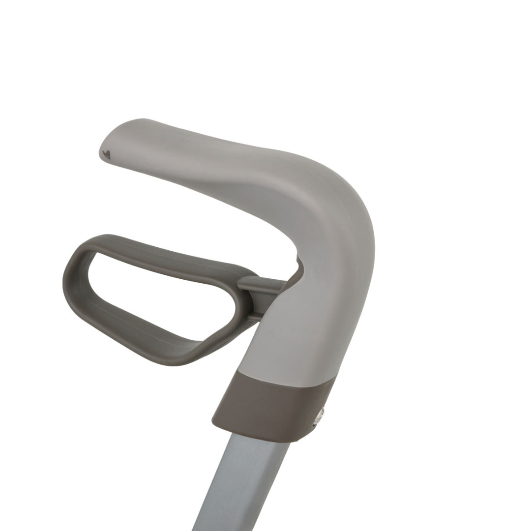 Close-up of the gray and beige ergonomic loop handle of the ByACRE Carbon Overland All-Terrain Rollator—perfect for travel and adventure—set against a plain white background.