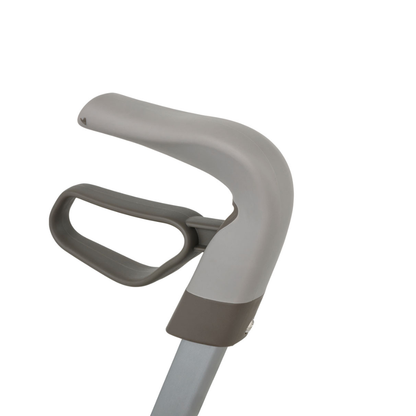 Close-up of the gray and beige ergonomic loop handle of the ByACRE Carbon Overland All-Terrain Rollator—perfect for travel and adventure—set against a plain white background.
