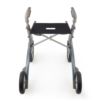 Top view of the ByACRE Carbon Overland All-Terrain Rollator, featuring four large wheels, ergonomic handles, and a black fabric seat on a metallic frame—your perfect adventure companion on a white background.