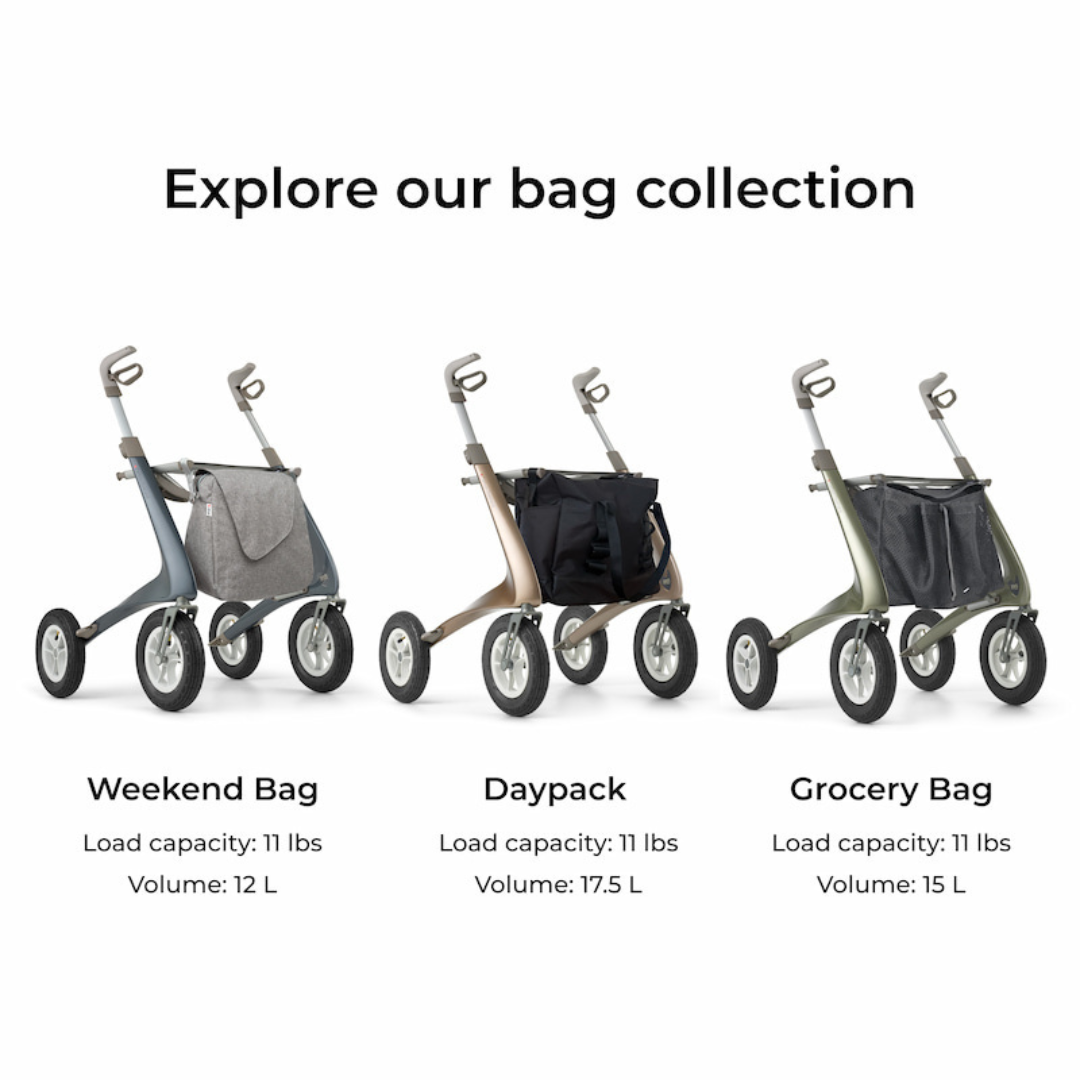 The ByACRE Carbon Overland All-Terrain Rollator is shown with three bags: a gray weekend bag, a black daypack, and a green grocery bag. Explore our bag collection—load and volume details are listed below each style.