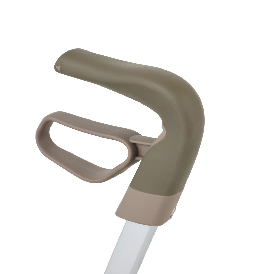 A close-up of the ByACRE Ultralight Carbon Fiber Rollator's beige and light brown ergonomic handle with a supportive forearm cuff showcases its thoughtful design, all set against a plain white background.
