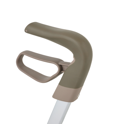 A close-up of the ByACRE Ultralight Carbon Fiber Rollator's beige and light brown ergonomic handle with a supportive forearm cuff showcases its thoughtful design, all set against a plain white background.