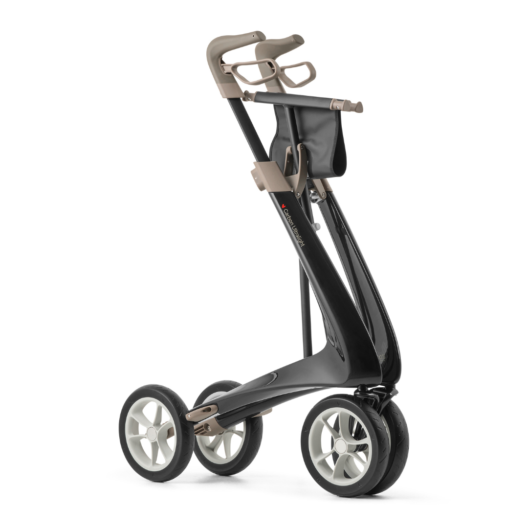 The ByACRE Ultralight Carbon Fiber Rollator (10.6 lbs) features a sleek black frame, four large white wheels, beige handle, compact design, and a storage pouch below the handle—lightweight and easy to maneuver like a modern golf push cart.