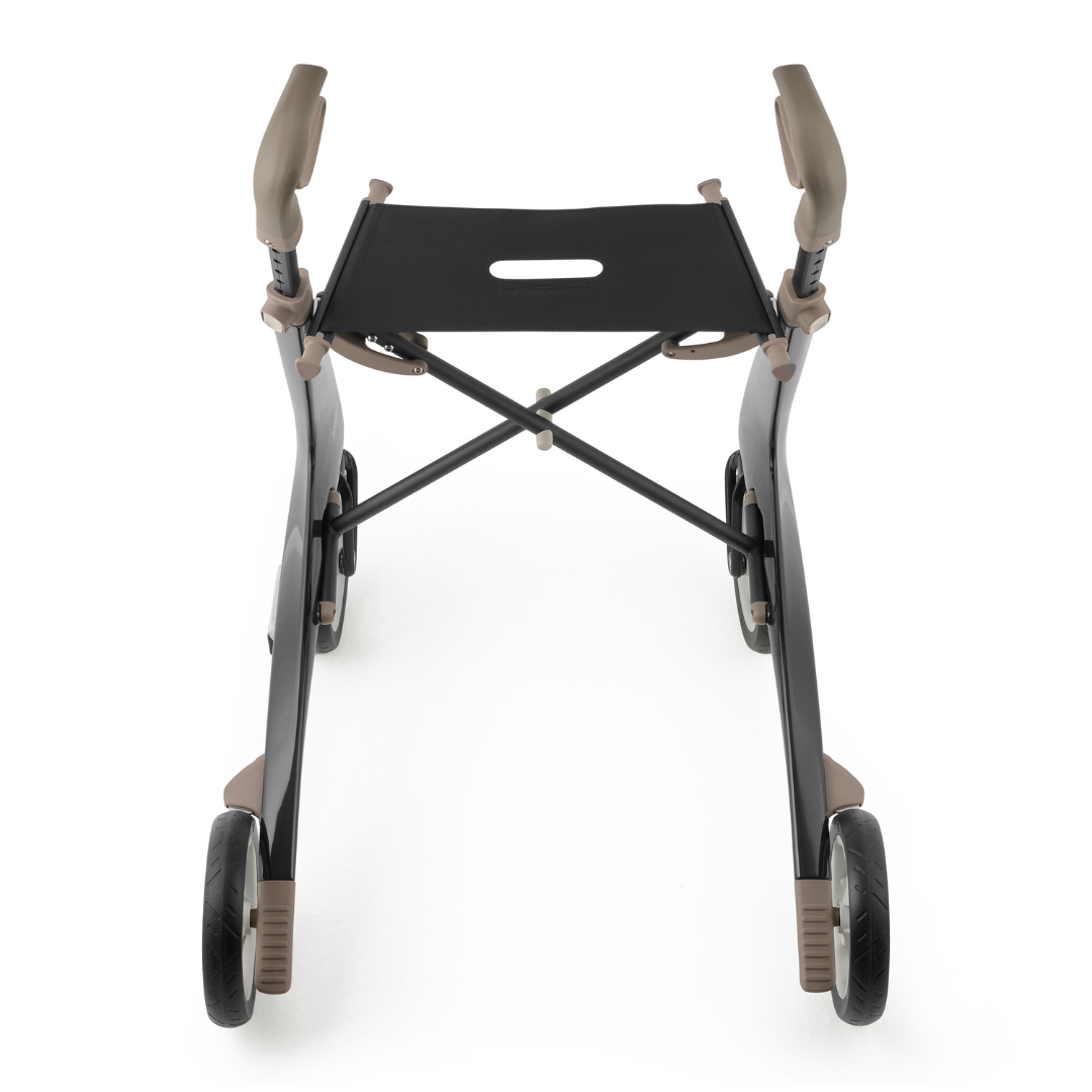 The ByACRE Ultralight Carbon Fiber Rollator (10.6 lbs) is a modern, lightweight mobility aid with four wheels, ergonomic handles, and a black fabric seat, shown from above on a white background.