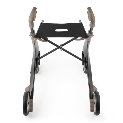 The ByACRE Ultralight Carbon Fiber Rollator (10.6 lbs) is a modern, lightweight mobility aid with four wheels, ergonomic handles, and a black fabric seat, shown from above on a white background.