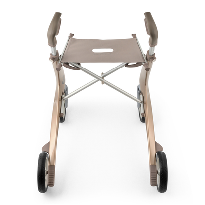 A front view of the ByACRE Ultralight Carbon Fiber Rollator (10.6 lbs) with four wheels, a central fabric seat, ergonomic handles, and a metallic frame.