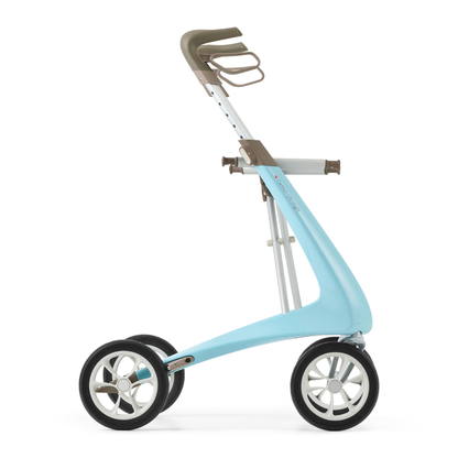The ByACRE Ultralight Carbon Fiber Rollator (10.6 lbs) features a sleek blue frame, large black-and-white wheels, and an ergonomic brown handle, offering modern design and easy maneuverability for mobility assistance.