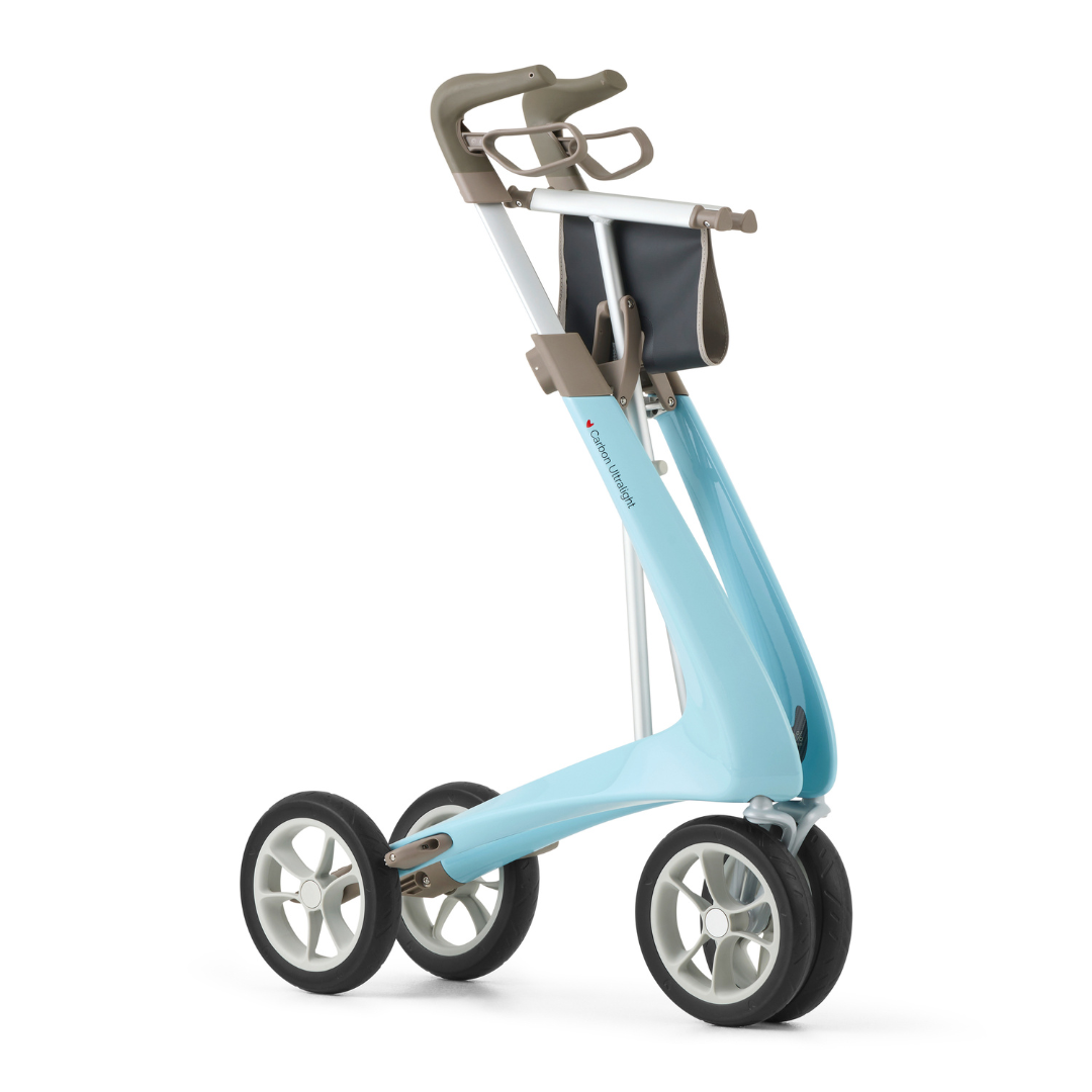 The ByACRE Ultralight Carbon Fiber Rollator (10.6 lbs) features a modern light blue frame, gray handles, and a black seat, offering a sleek design expertly crafted for optimal mobility assistance.