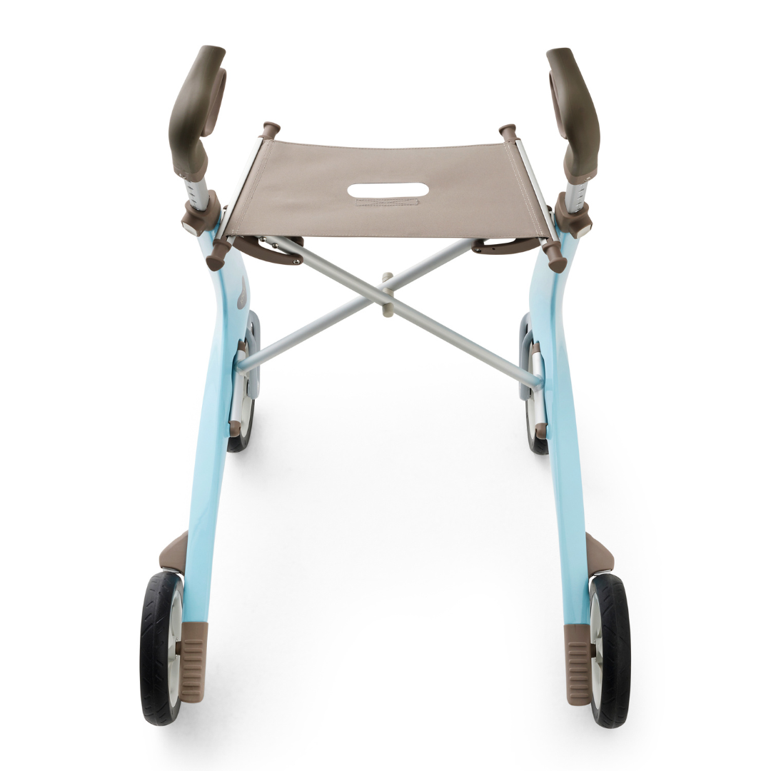 The ByACRE Ultralight Carbon Fiber Rollator (10.6 lbs) is a modern, blue and gray four-wheeled walker with a brown seat, shown front-facing on a white background.