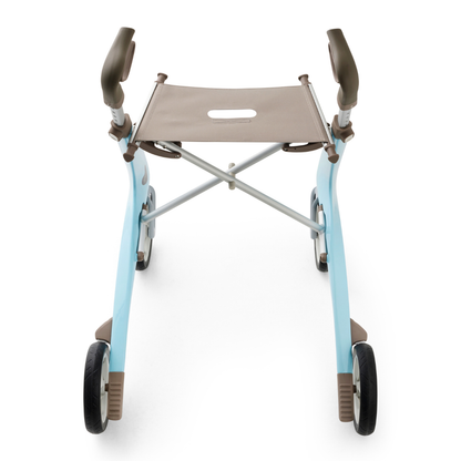 The ByACRE Ultralight Carbon Fiber Rollator (10.6 lbs) is a modern, blue and gray four-wheeled walker with a brown seat, shown front-facing on a white background.