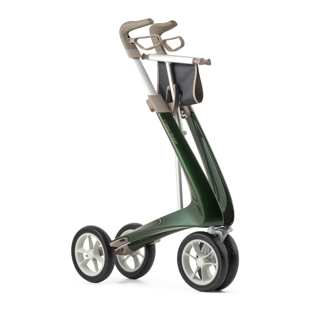 The ByACRE Ultralight Carbon Fiber Rollator (10.6 lbs) features a modern green frame, beige handles, black seat, large wheels for stability, and a front pouch. It’s four-wheeled and foldable for easy transport.