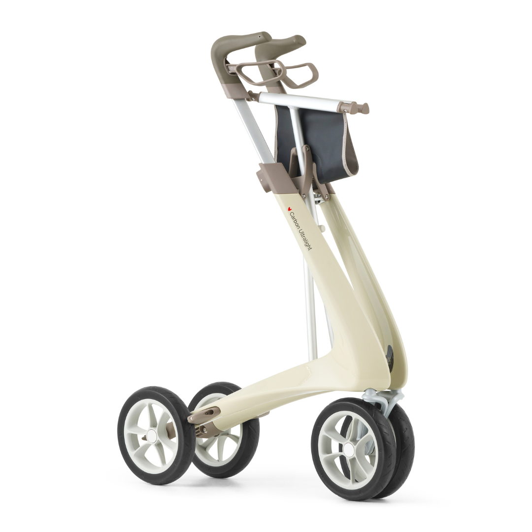 The ByACRE Ultralight Carbon Fiber Rollator (10.6 lbs) is a modern, beige mobility aid featuring a sleek frame, ergonomic handles, and a compact black storage pouch beneath the handlebars.
