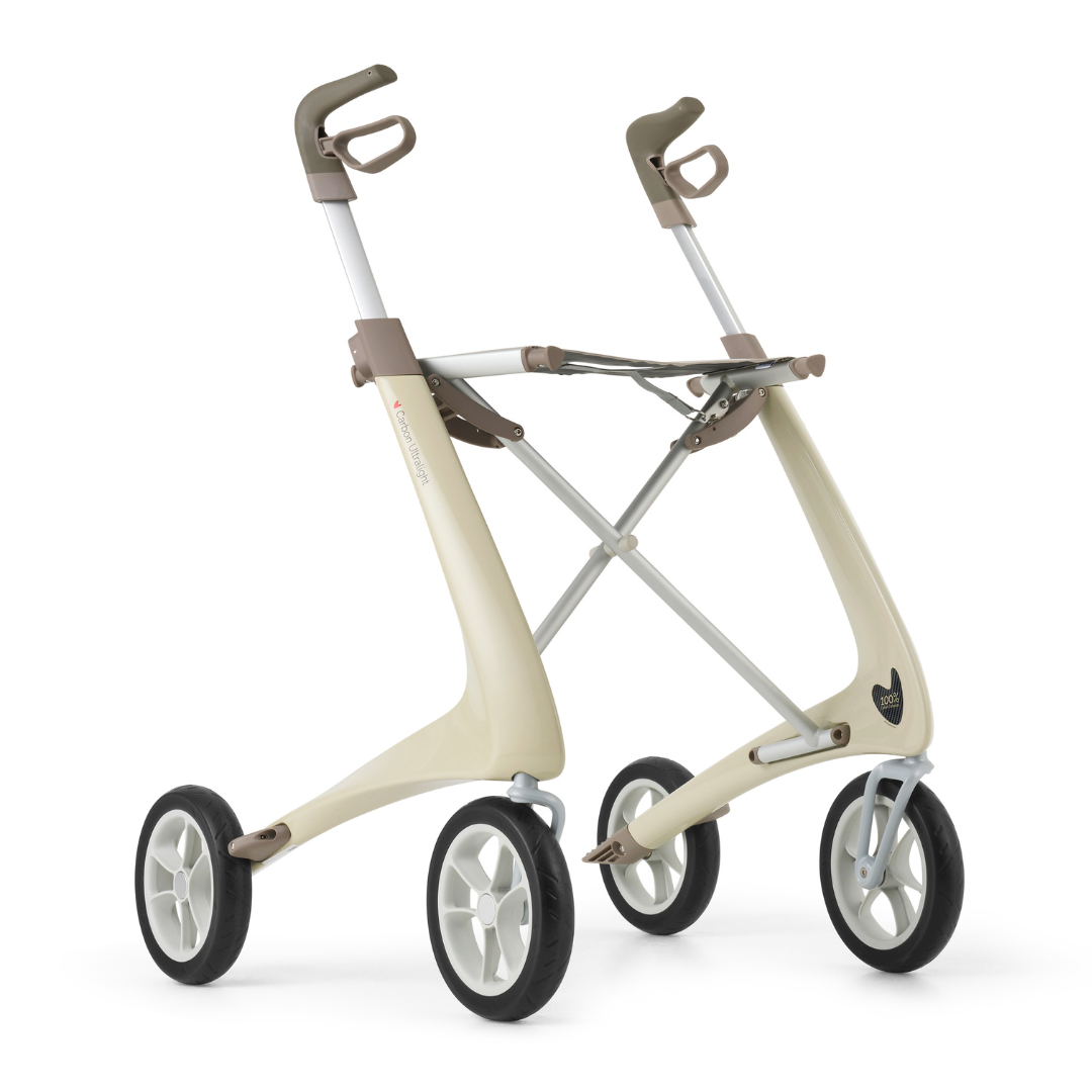 The ByACRE Ultralight Carbon Fiber Rollator (10.6 lbs) is a beige, modern mobility aid featuring four large wheels, ergonomic handles, and a minimalist frame for superior lightweight support.