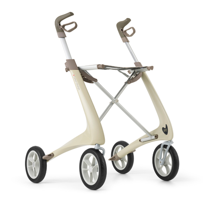 The ByACRE Ultralight Carbon Fiber Rollator (10.6 lbs) is a beige, modern mobility aid featuring four large wheels, ergonomic handles, and a minimalist frame for superior lightweight support.