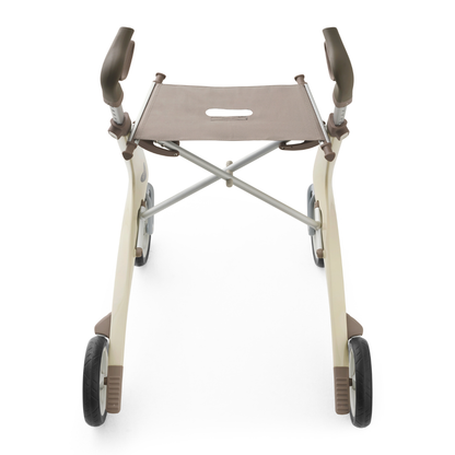The ByACRE Ultralight Carbon Fiber Rollator (10.6 lbs) in beige and brown, featuring a fabric seat and armrests, is shown from above against a white background.