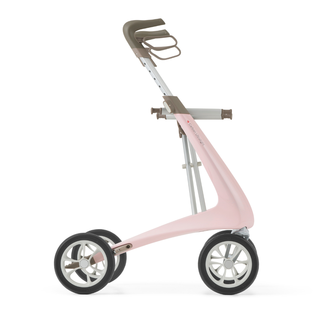 The ByACRE Ultralight Carbon Fiber Rollator, weighing just 10.6 lbs, features a modern pink and gray design with three wheels, ergonomic handles, and a sleek minimalist look, shown from the side on a white background.