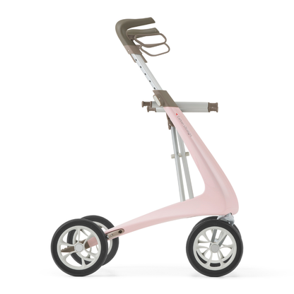The ByACRE Ultralight Carbon Fiber Rollator, weighing just 10.6 lbs, features a modern pink and gray design with three wheels, ergonomic handles, and a sleek minimalist look, shown from the side on a white background.