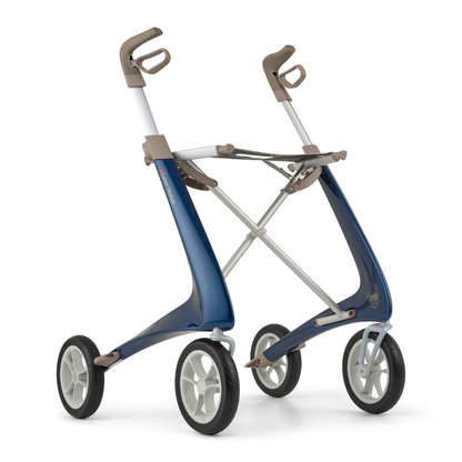 The ByACRE Ultralight Carbon Fiber Rollator (10.6 lbs) is a modern blue mobility aid with four large wheels, ergonomic brown handles, and a minimalist frame for easy movement and support.
