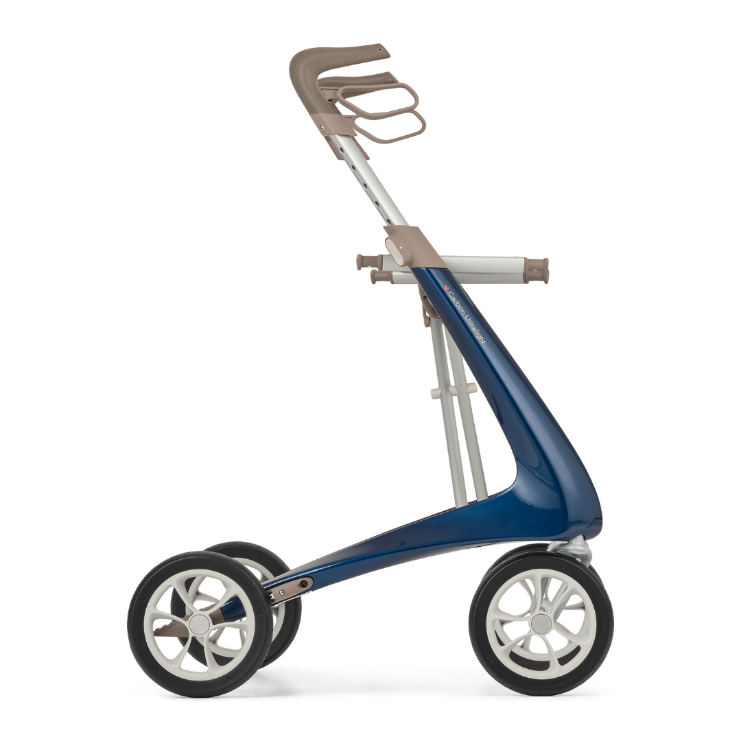 The ByACRE Ultralight Carbon Fiber Rollator (10.6 lbs) features a sleek blue and gray frame, ergonomic handle, and large white-rimmed wheels, shown in side profile against a white background.