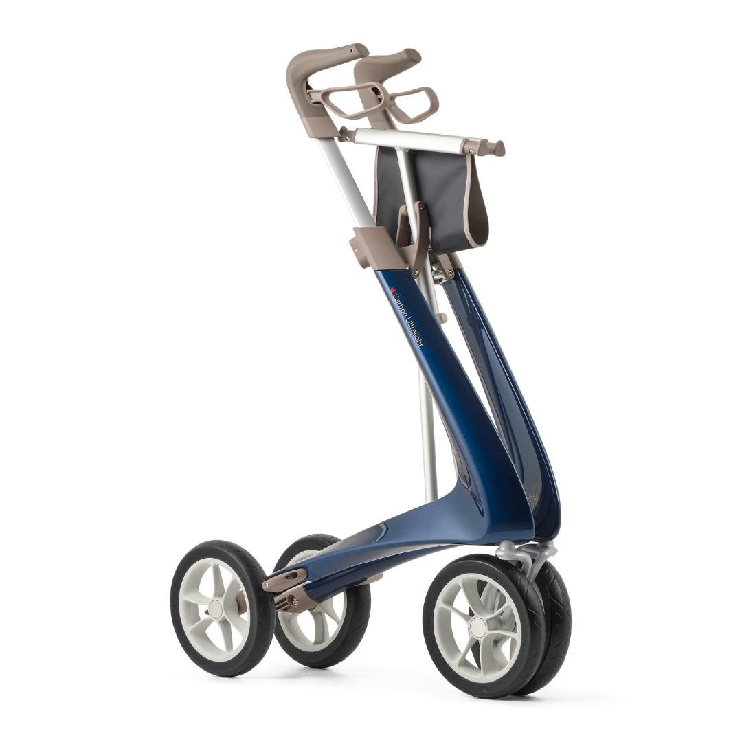 The ByACRE Ultralight Carbon Fiber Rollator (10.6 lbs) features a modern blue and silver frame, sleek design, grey handles, and a compact black storage pouch conveniently positioned near the top.