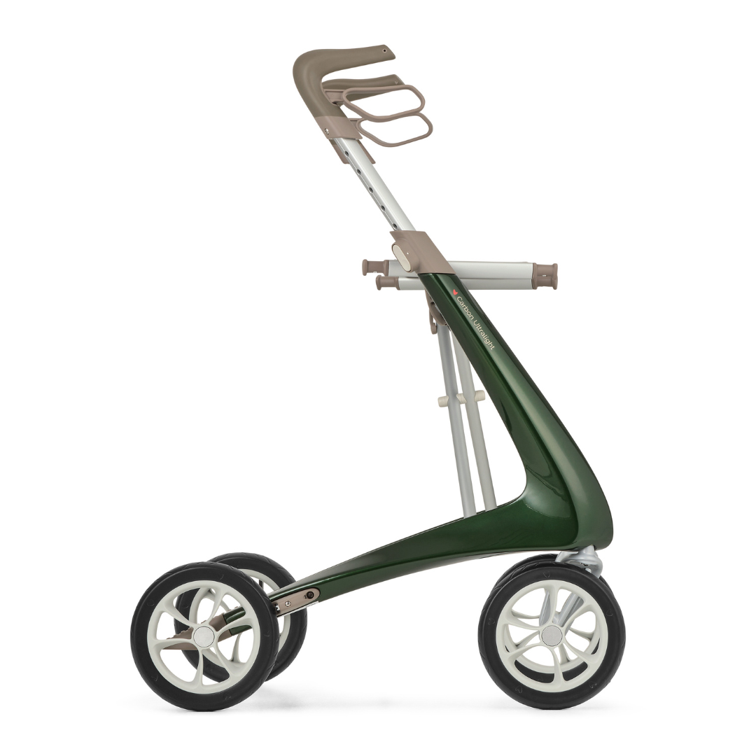 The ByACRE Ultralight Carbon Fiber Rollator weighs just 10.6 lbs and features a sleek, minimalist green and beige frame with three large wheels and an ergonomic handle for comfortable, modern mobility assistance.