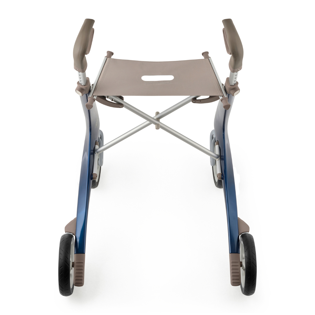 The ByACRE Ultralight Carbon Fiber Rollator (10.6 lbs) is shown from above on a white background, featuring two front wheels, two rear legs, armrests, a seat, and a sturdy carbon fiber frame.
