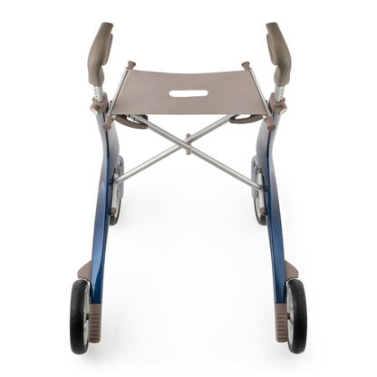 The ByACRE Ultralight Carbon Fiber Rollator (10.6 lbs) is shown from above on a white background, featuring two front wheels, two rear legs, armrests, a seat, and a sturdy carbon fiber frame.