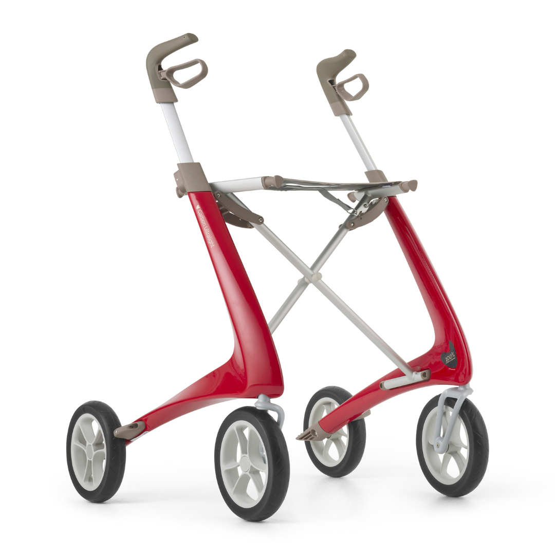 The ByACRE Ultralight Carbon Fiber Rollator (10.6 lbs) in red and gray features a minimalist, lightweight frame and two large handles, shown standing on a white background.