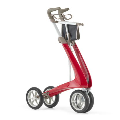 The ByACRE Ultralight Carbon Fiber Rollator (10.6 lbs) features a modern red and gray minimalist design with carbon fiber construction and a compact black storage pouch under the handles.