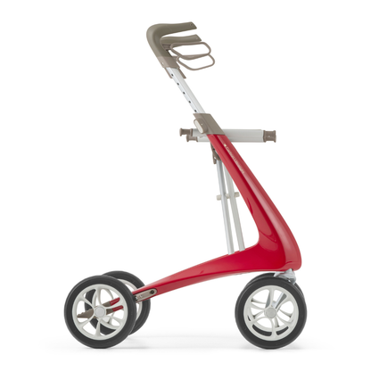 The ByACRE Ultralight Carbon Fiber Rollator (10.6 lbs) is a modern red mobility aid with four large wheels, a sleek curved frame, and ergonomic handles designed to assist walking.