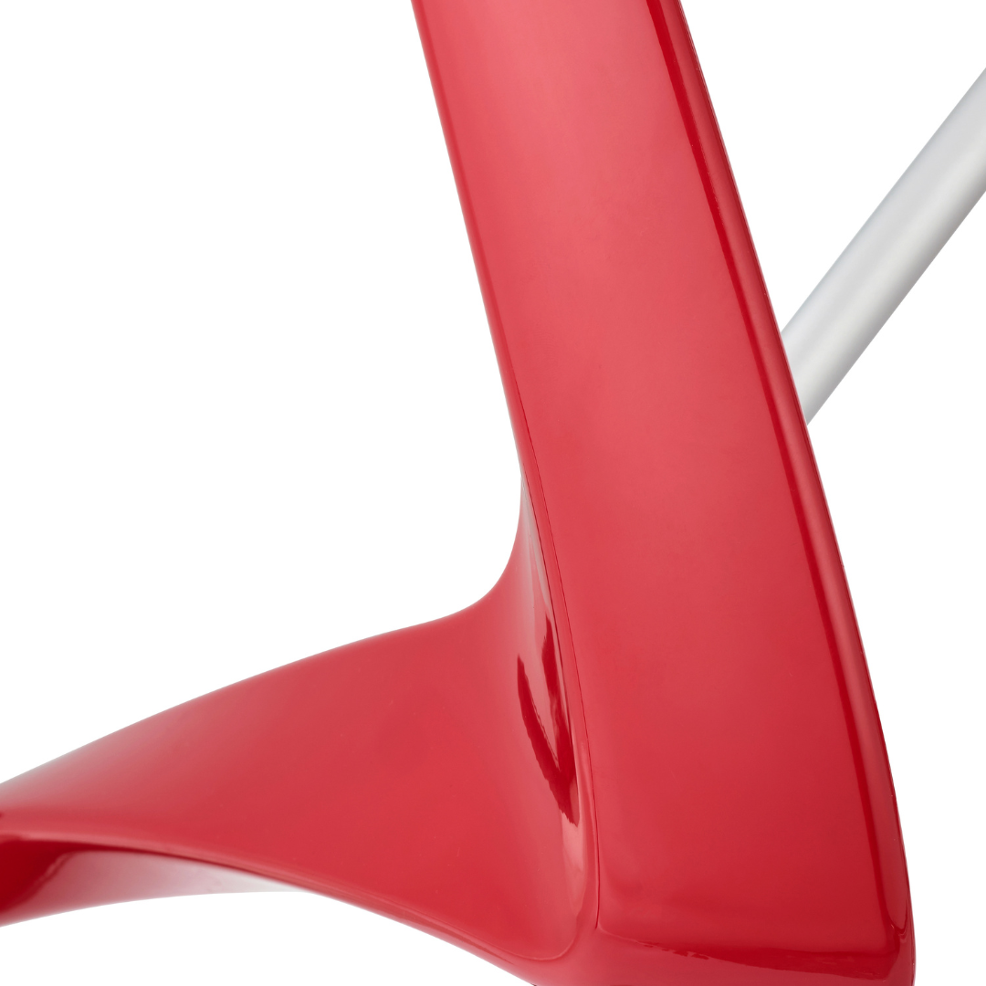 Close-up of the ByACRE Ultralight Carbon Fiber Rollator (10.6 lbs) leg in vibrant red, featuring a smooth, glossy finish and curved design, set against a white background.
